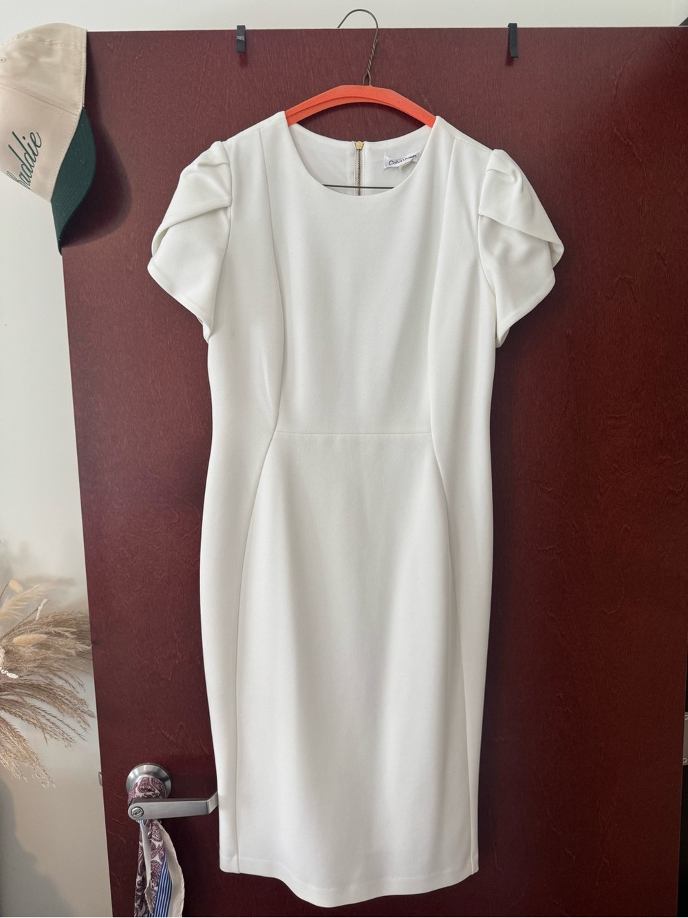 Calvin Klein White Sheath Dress with Puff Sleeves